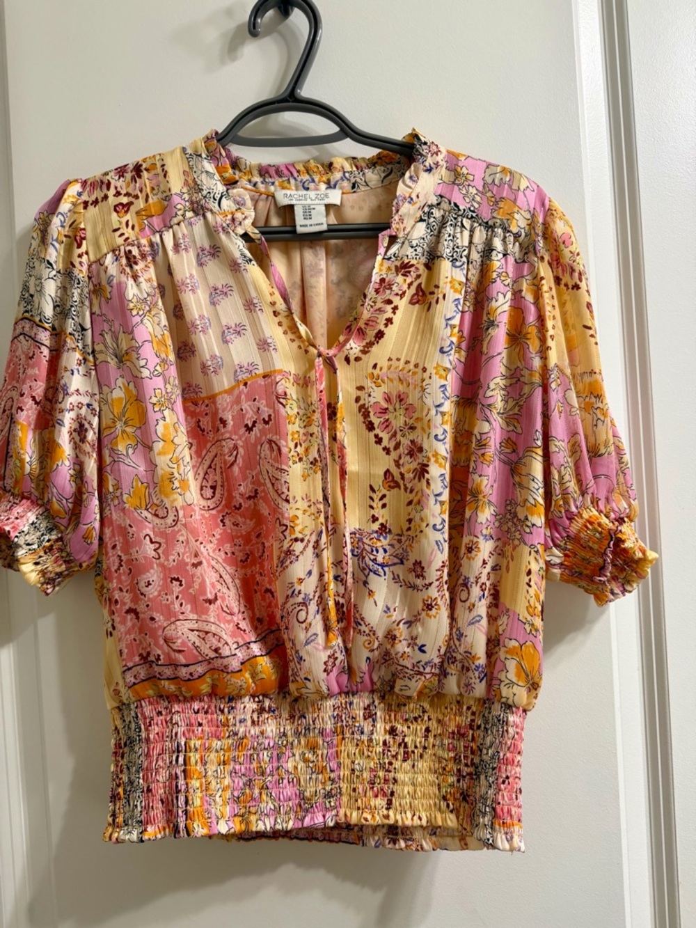 Rachel Zoe Cream Floral Shirred Waist Blouse with Pink & Yellow Accents